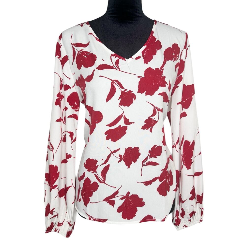 NEW SHEIN White & Red Floral Long-Sleeve Top V-neck Blouse Medium
